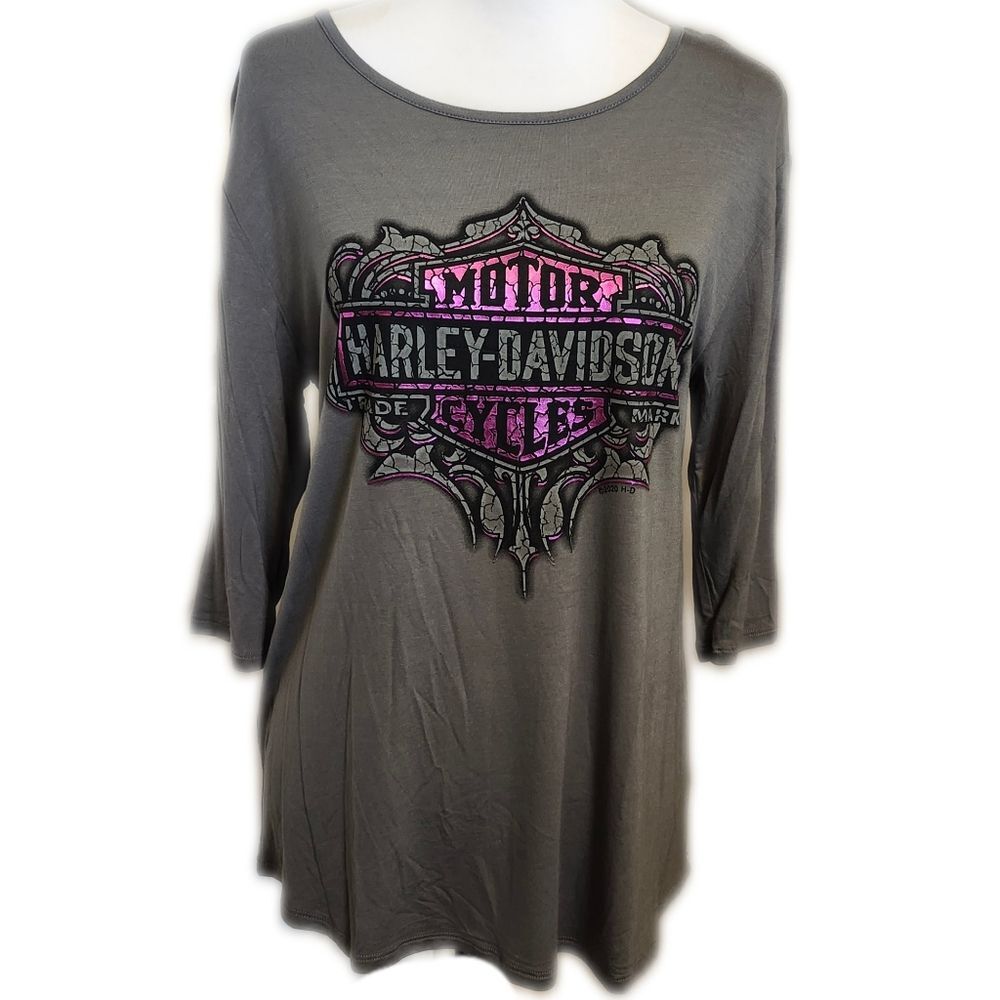 Harley-Davidson NWT 3/4 Sleeves Gray Top, Pink Metallic Detail, Open Back, M